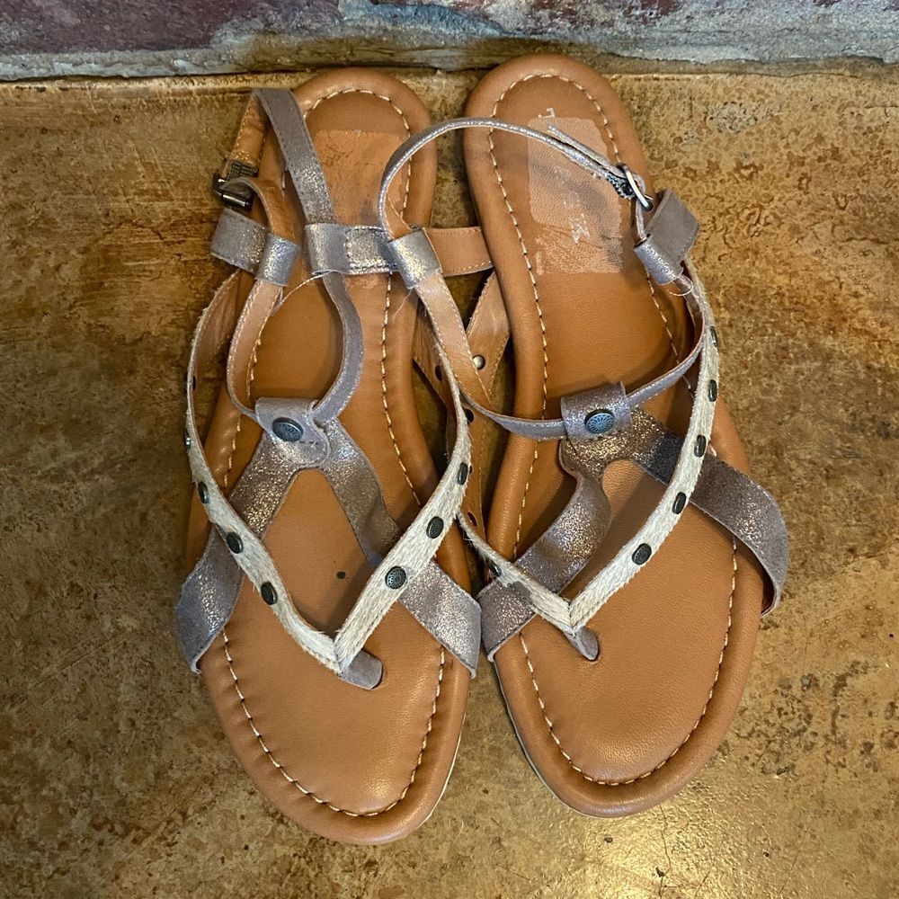 Trask Shayla Studded Calf hair strappy leather flat rubber sole sandals